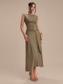 Modelyn Women's Elegant Sleeveless Olive Green Summer Bar Party Dress,Asymmetrical Pleated Metal Buttoned Cotton Old-Fashioned Style Fall Clothes - Army Green - View 6