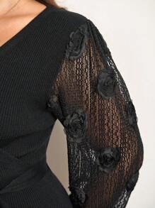 Chikora Robe longue en tricot noire à col en V et manches longues en dentelle pour femmes grandes tailles. Robe mi-longue noire élégante à manches longues. Robe en dentelle noire pour l'automne/l'hiver - Noir - Voir 6