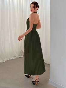 Aloruh 女士情人节挂脖单排扣背心和百褶裙两件套秋冬 - 軍綠色 - 查看 2