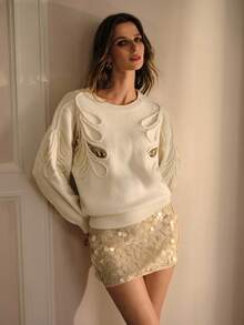 MOTF PREMIUM CONTRAST SEQUIN EMBROIDERY SWEATER - Apricot - View 7