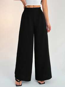 SHEIN PETITE Women's Casual Vacation Waistband Blue Wide Leg Pants - Black - View 6