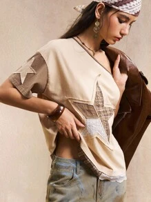 Easelle 女式复古时尚撞色星星图案不对称肩部 T 恤，秋季返校乡村音乐会图案 T 恤棉质 - 卡其色 - 查看 8