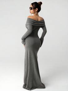 SHEIN ICON Vestido casual largo gris con hombros descubiertos de moda para mujer en otoño/invierno - Gris - Ver 2