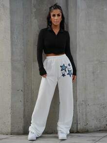 SAYEHFBABY 2024 New Western Simple Casual Streetwear Sports Drawstring Straight Leg Pants, White Star Print For Women - White - View 1