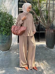 DAZY 两件套女士休闲宽松衬衫和阔腿裤套装，款式端庄时尚 - 杏色 - 查看 7