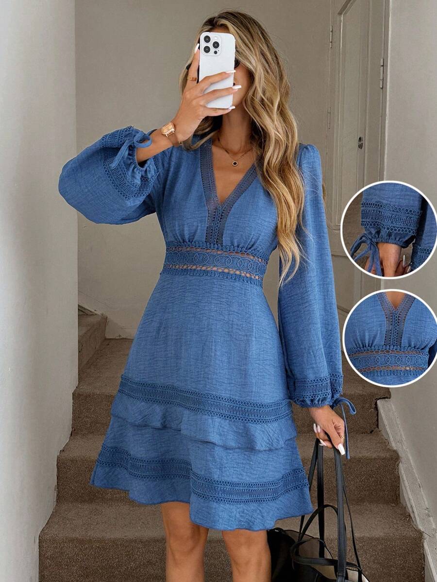 Easowa Vestido curto feminino com decote em V, manga bufante, manga lanterna, gravata, laço, renda, patchwork, cintura, linha A, manga comprida, casual, solto, estilo retrô - Azul - Ver 1
