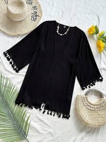 Soleia Open Front Drop Shoulder Tassel Hem Kimono Summer - Black - View 4