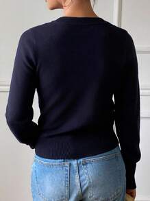 DAZY Áo len dệt kim cổ tròn tay dài 2 trong 1 chắp vá dành cho nữ, mặc dạo phố, mùa thu/đông - Màu xanh hải quân - Xem 2