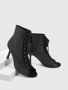 CUCCOO SZL Black Suede Rhinestone Embellished Fashion Street Style Round Toe Ankle Boots - Black - View 2