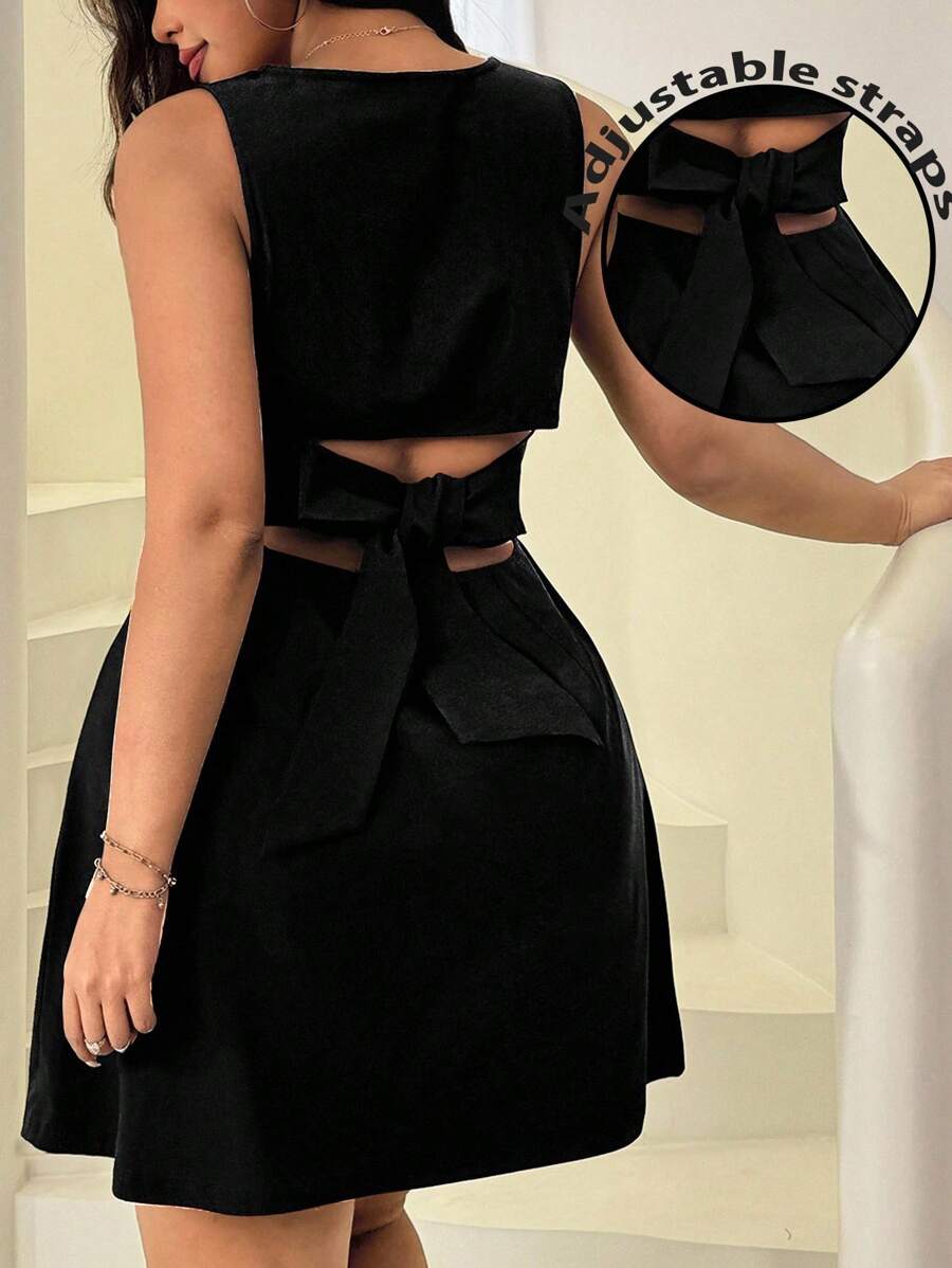 Solflare 大码黑色镂空圆领休闲无袖连衣裙 - 黑色 - 查看 1