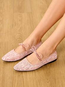 CUCCOO HITCHD Sepatu Mary Jane Jala Gaya Elegan Baru Musim Semi/Gugur 2026 dengan Dekorasi Pita, Warna Solid, Ujung Persegi, Nyaman, Kasual, dan Datar untuk Wanita - Berwarna merah muda - View 5