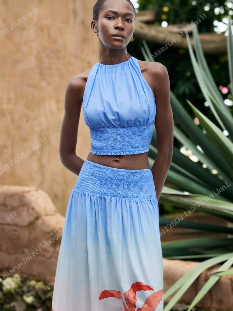 SHEIN Maija 2pcs/Set Women's Solid Sleeveless Top & Printed A-Line Skirt Vacation Outfits Woman Beach Outfits For Woman Vacation Outfits Women Birthday Outfits For Women Cute Summer Tops Beach Vacation Outfits Hawaii Outfits Women Skirt Two Pieces Set Fairycore Boho Women Clothing Bohemian Clothes For Women Off The Shoulder