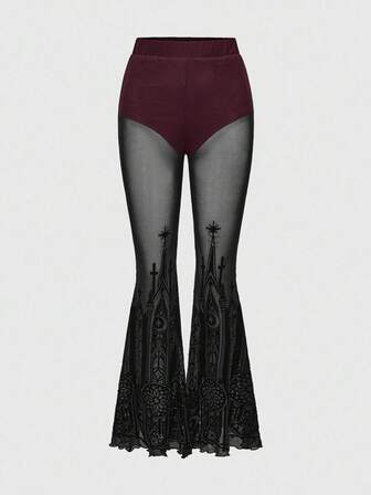 Goth Pantaloni a zampa da donna con stampa floccata retrò gotica su tessuto trasparente