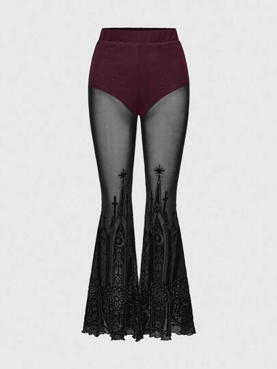 Pantalon évasé transparent pour femmes avec imprimé floqué de château gothique rétro