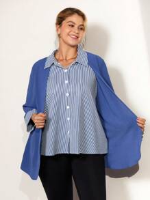 Momelise 大码条纹拼布长袖开衫，纽扣长袖二合一衬衫上衣，秋冬