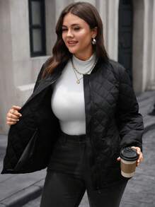 EMERY ROSE Plus Size Black Solid Color Long Sleeve Zip-Up Casual Baseball Jacket,Minimalist Quilted Warm Outerwear For Autumn,Spring,Commuting & Everyday Wear - Black - View 7