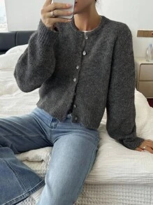 女士纯色圆领长袖单排扣休闲针织开衫秋冬 - 灰色 - 查看 2