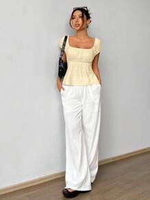 Comfortcana 女士短款泡泡袖休闲纹理褶皱细节 T 恤 - 黃色 - 查看 7