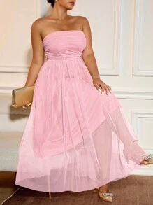 Allurite Plus Size Women's Blush Pink Summer Elegant Formal Wedding Ninang Mid-Length Dress,Sleeveless Pleated Ruched Elastic Waist For Parties And Occasions - Pink - View 2