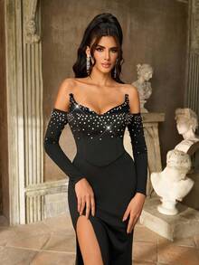 Aureia فستان سهرة أنيق بتصميم عتيق ذو طبقتين على شكل رقبة القطة، يعزز الصدر، أكمام طويلة، سحاب خلفي، وذيل مشقوق، مناسب للحفلات الراقية والمناسبات الرسمية كالحفلات والأعراس والمناسبات التجارية - الأسود - مشاهدة 3