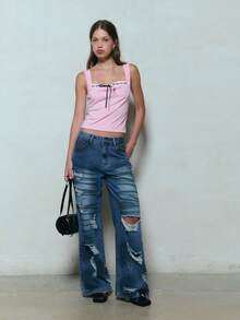 TypaGal Cute Meets Edgy In This Pink Square-Neck Tank With Contrast Ribbon And Lace Detail. A Staple For Y2k Clothes Women Who Channel Coquette Vibes With A Streetwear Twist, It's Soft Girl Aesthetic Meets 2000s Style Punk Minimalism. - Pink - View 3