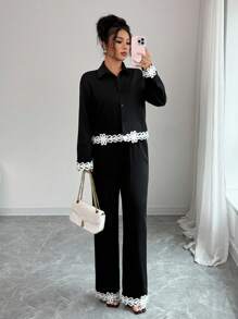 Elenzga 2pcs Women's Collared Floral Lace Patchwork Shirt And Pants Set - Black - View 7