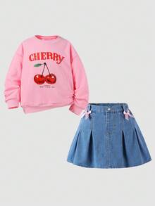 2pcs/Set Tween GirlsSweatshirt Outfit, Casual & Fashionable Sweet Style, Cherry Print Pink Crew Neck Pullover Sweatshirt & Simple Versatile Sweet Bow Skirt, Suitable For Daily Wear, School, Gathering - Pink - View 10