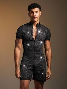 FeverCity Men's Summer Fashion Rhinestone Romper - Black - View 5