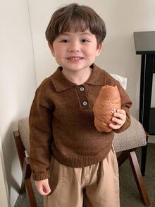 DAZY Toddler Boys' Casual Solid Color Turndown Collar Long Sleeve Sweater, Spring/Autumn - Coffee Brown - View 1