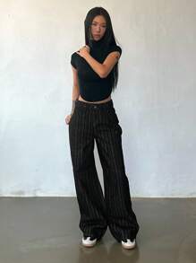 DAZY Women's Striped Loose Straight-Leg Casual Jeans - Dark Wash - View 2