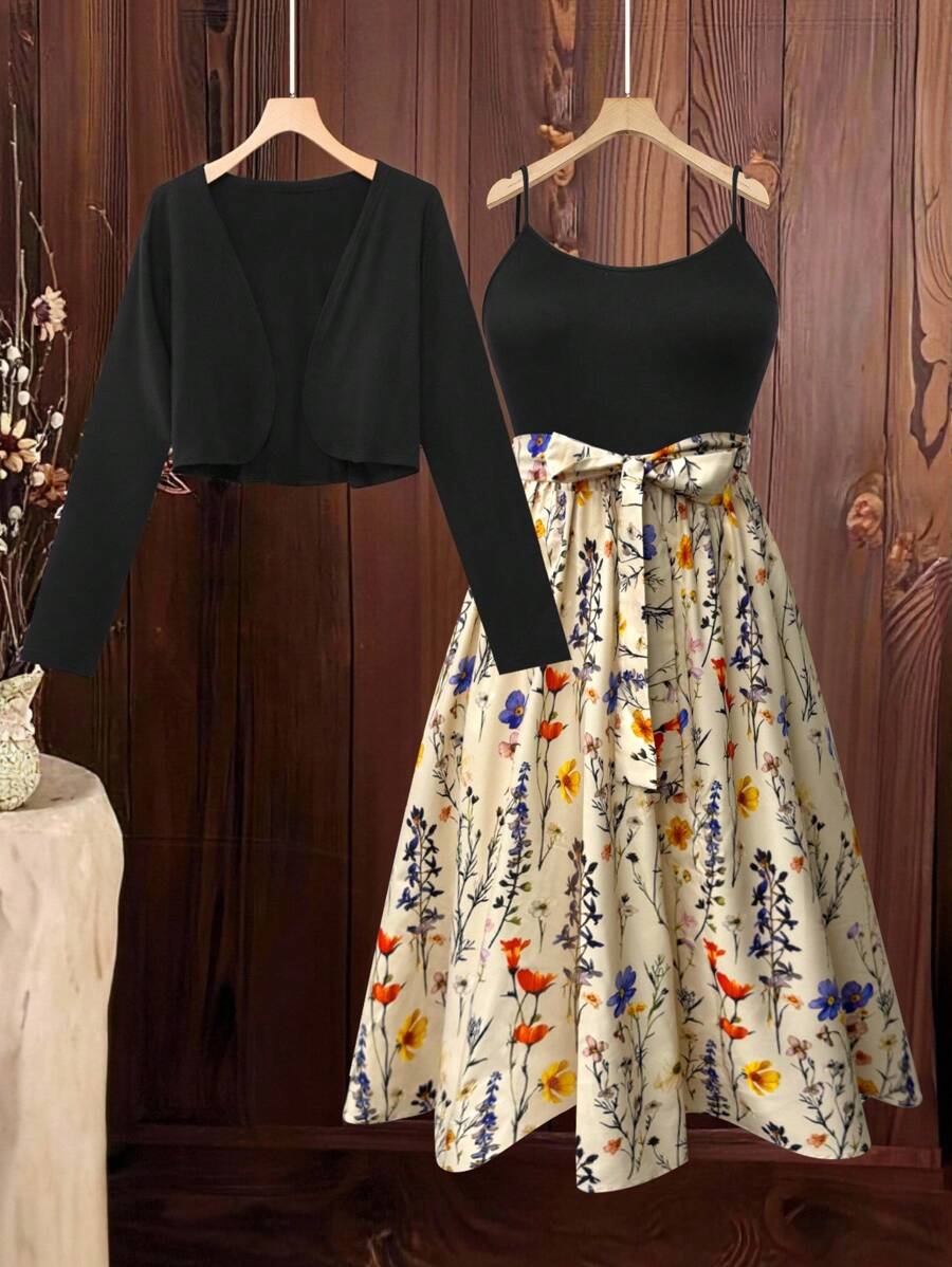 SHEIN Clasi 2 件套加大码女式纯色休闲外套和花卉印花面板优雅吊带连衣裙套装，春秋季 - 彩色 - 查看 1