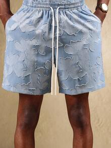 SUMWON 纹理花卉提花夏季度假套装，搭配领短袖衬衫和配套抽绳短裤海滩度假休闲服 - 藍色 - 查看 6