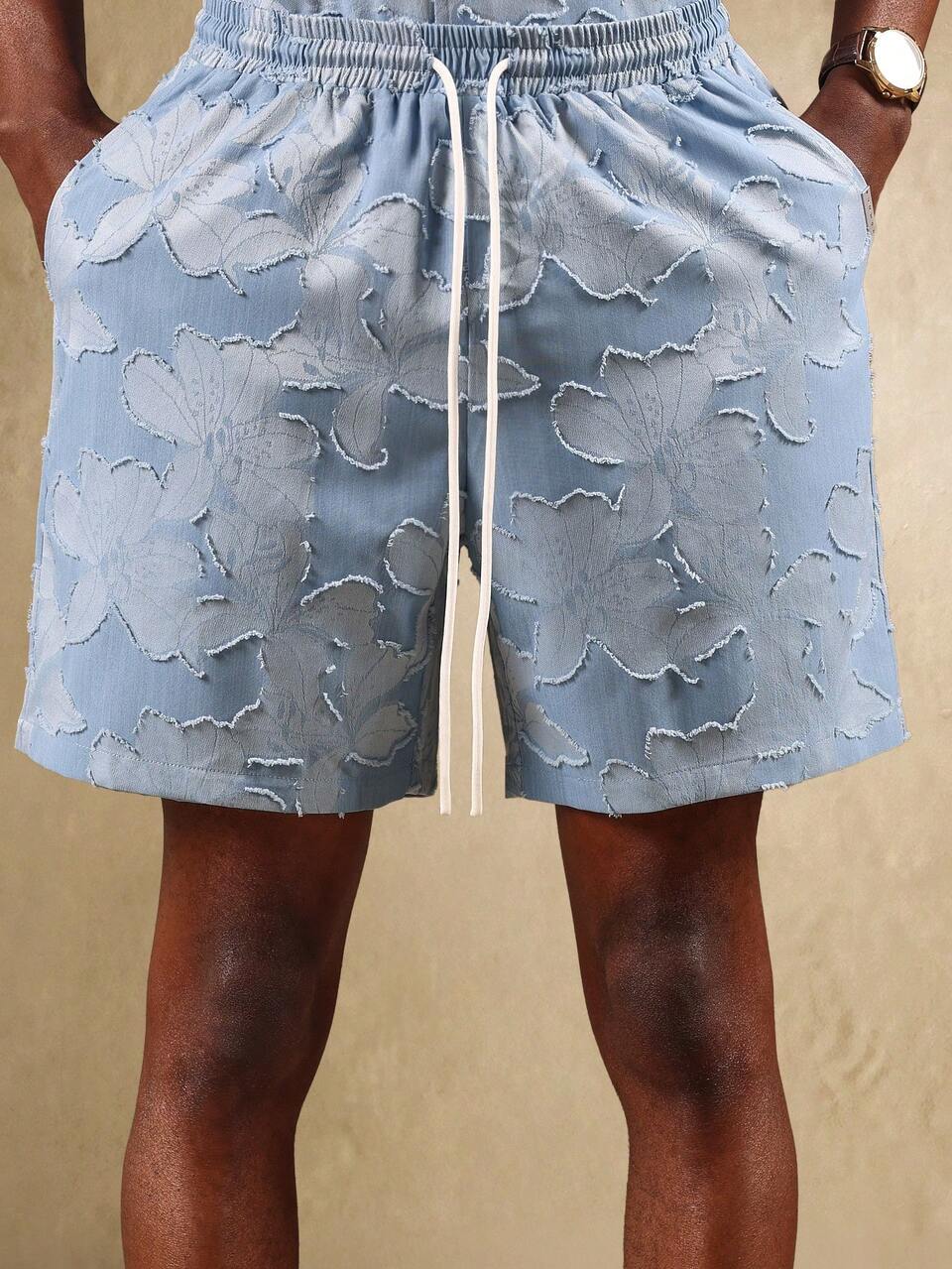 SUMWON Textured Floral Jacquard Summer Resort Co-Ord Set With Cuban Collar Short Sleeve Shirt And Matching Drawstring Shorts Beach Vacation Loungewear