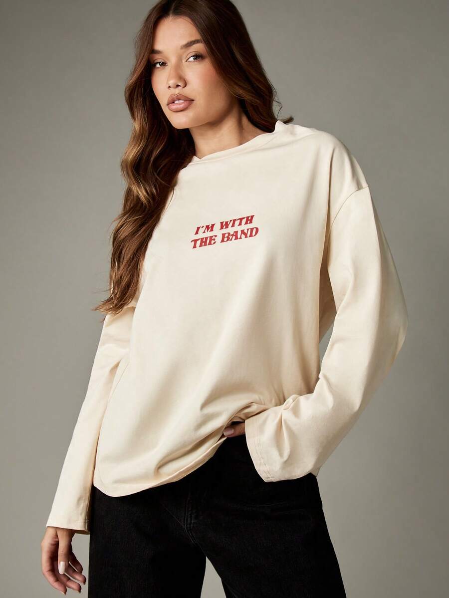 MISSGUIDED 超大长袖 T 恤,带有红色乐队音乐文字复古图形印花乐队 T 恤音乐会复古乐队商品粉丝服饰 - 杏色 - 查看 1