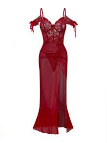 SHEIN 2pcs Lace Contrast Mesh Ruffle Hem Slit Steel Hoop Long Skirt Sleepwear+Thong Set - Burgundy - View 6