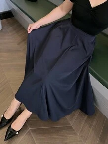 Dazy Plus 大码女式优雅A字长款休闲裙，纯色，四季秋季裙子 - 寶藍色 - 查看 6