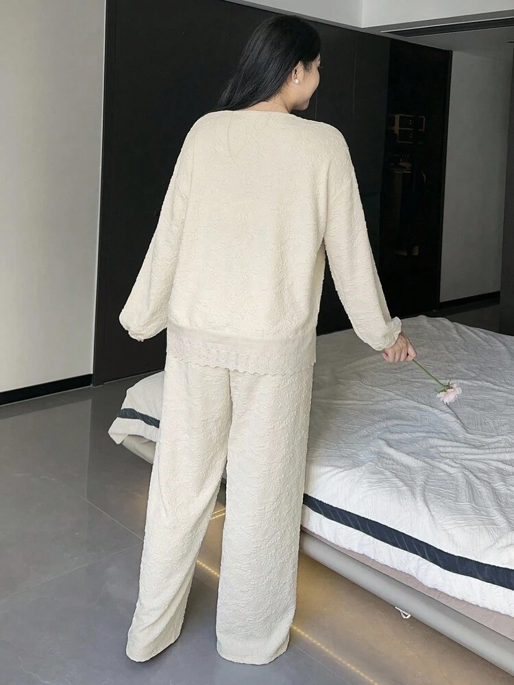Dazy Plus 2pcs Plus Size Women Textured Fabric Square Collar Loose Long Sleeve Contrast Lace Top And Pants Pajama Set, Fall Clothes