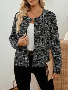 EMERY ROSE 女式格子圆领长袖单排扣口袋休闲常规夹克粗花呢夹克女士女士西装外套女士西装外套女士休闲秋冬装