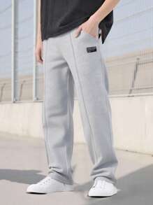 1 buc pantaloni sport casual minimalisti tricotați cu buzunar, subțiri, cu picior drept, pentru tineret, primăvară/toamnă
