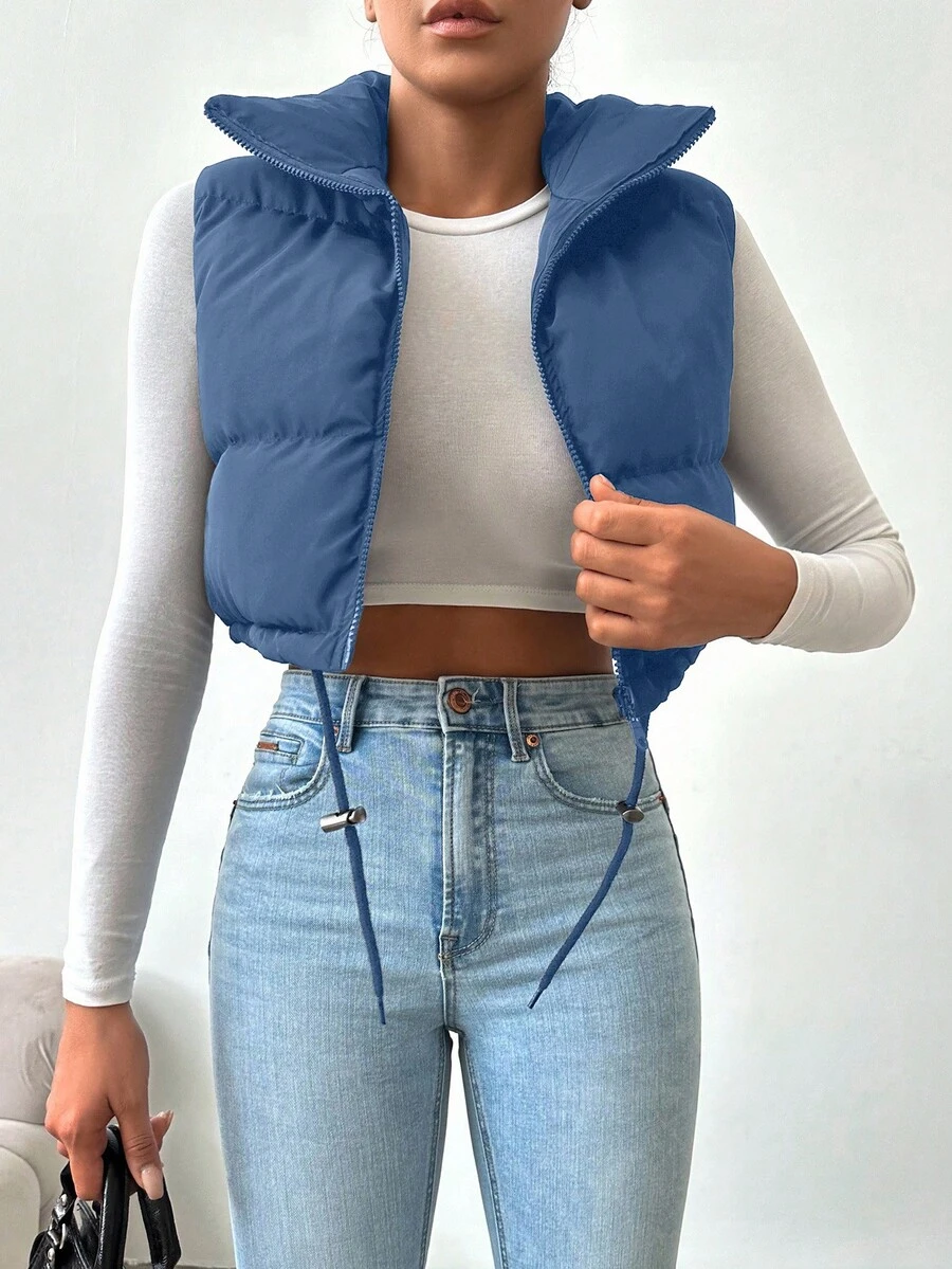 RueChic Drawstring Hem Zipper Vest Puffer Coat - Navy Blue - View 1