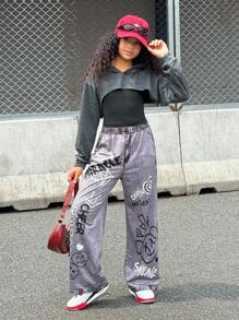 SHEIN Explorewe 青少年女孩街头酷儿童休闲青少年女孩春/秋连帽运动衫、印花图案针织背心和裤子三件套服装、时尚街头风格、街头服饰 - 黑色 - 查看 6