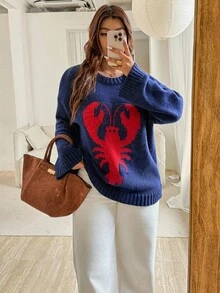 Vionelle 大码女式法式针织提花套头衫，时尚优雅，百搭休闲，适合秋冬 - 藍色 - 查看 7