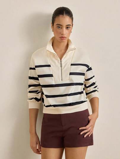 Airaco Women's Striped Print Casual Half-Open Collar Sweatshirt Graduation,Back To School Outfits,Graduation,Teacher Outfits For Women,Back To School Pullover Fall Outfit