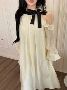 Feyla Women's Elegant Cream And Black Contrast Color Tie Neck Ruffle Hem Dress,Autumn Casual Tea Party Dress,Fall Homecoming Hoco Back To School Outfits - Apricot - View 2
