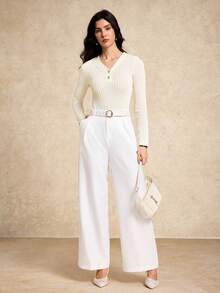 House of One Jacquard Knitted Stripes Round Neck Long Sleeves Top With Metal Buttons Women Elegant Casual Whites For Women Cream Women