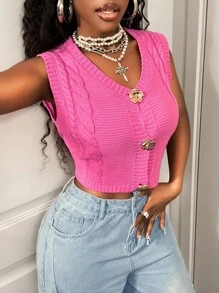 BamGleam Women's Hot Pink Vest,Rose Flower Gold Metal Buttons,Braided Texture Ribbed Loose Casual Sleeveless Cardigan Top,Summer Elegant Brunch Fashion - Pink - View 4