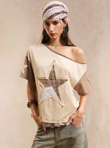 Easelle 女式复古时尚撞色星星图案不对称肩部 T 恤，秋季返校乡村音乐会图案 T 恤棉质 - 卡其色 - 查看 5