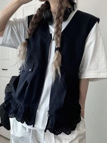 FRIFUL Veste sans manches décontractée pour femmes avec fermeture éclair et volant à l'ourlet, couleur unie