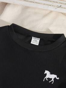 SHEIN 3 件套婴儿/男婴夏季套装：2 合 1 华夫格面料蓝色圆领上衣和短裤（带帽子），适合日常户外玩耍、上学、度假 - 优雅风格，适合家庭休闲、运动和聚会 - 黑色 - 查看 4