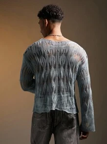 FeverCity Áo len dệt kim khoét lỗ màu trơn thời trang gợi cảm dành cho nam, mùa thu đông, áo dài tay - Màu xanh lam - Xem 2